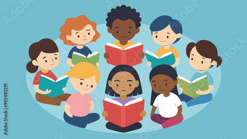 Children Reading Together: A group of diverse children sitting in a circle, engrossed in reading books.
