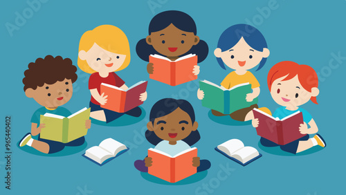 Children Reading Together: A group of diverse children sitting in a circle, engrossed in reading books.

