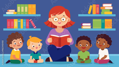 Librarian Reading to Kids in a Colorful Library Setting - Story Time Illustration