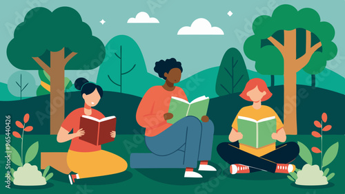 Outdoor Reading: Individuals reading books in a park surrounded by nature.
