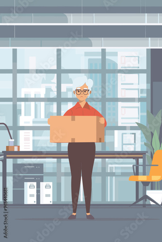 Staff Reduction Concept with Empty Workplace and Dismissed Old Woman Holding Box