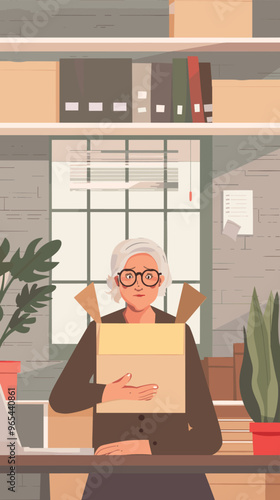 Staff Reduction Concept with Empty Workplace and Dismissed Old Woman Holding Box