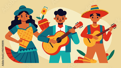 Traditional Hispanic Musicians Playing Guitars, Maracas, and Bongos - Vibrant Vector Illustration
