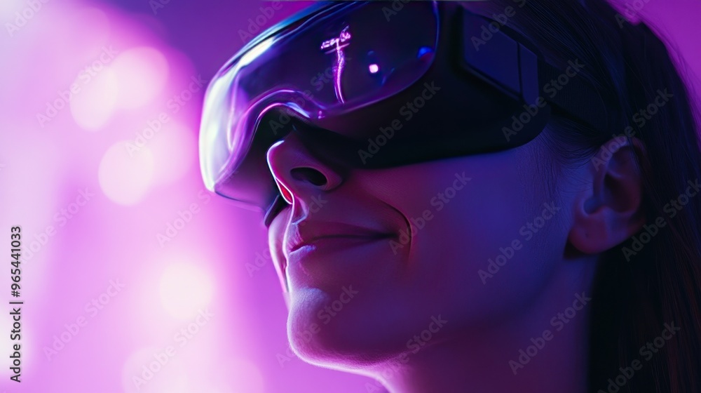 A woman wearing a VR headset with a purple light behind her. She is smiling and looking upwards. A woman wearing a VR headset with a purple light behind her. She is smiling and looking upwards.