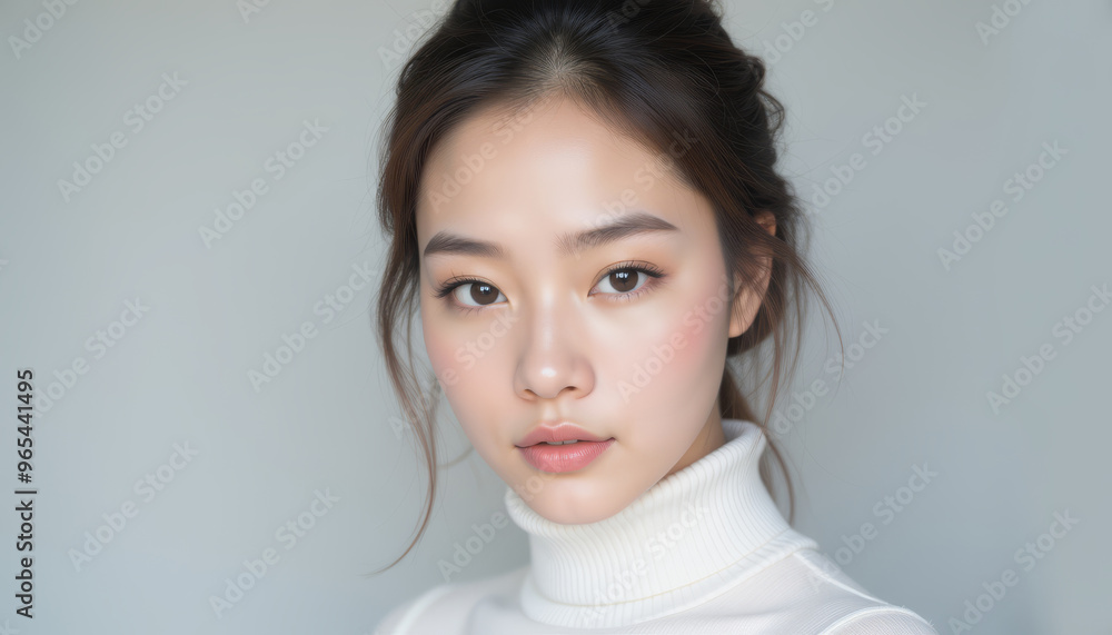 A captivating portrait of a young woman with a serene expression, highlighting her natural beauty and elegance. A captivating portrait of a young woman with a serene expression, highlighting her natural beauty and elegance.