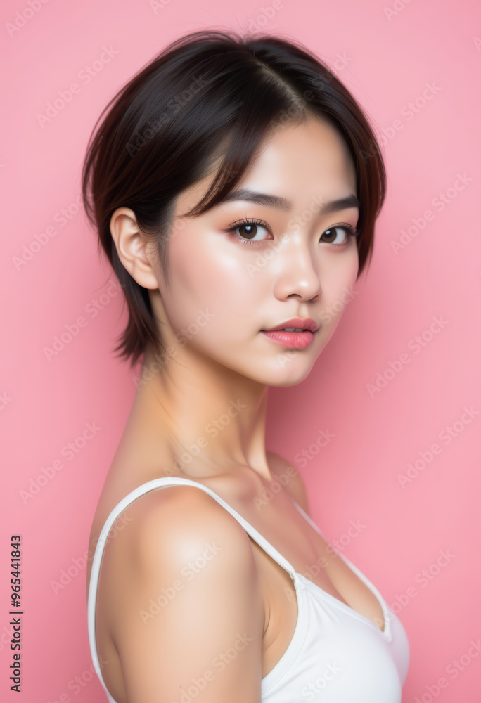 A portrait of a young woman with short hair against a pink background, showcasing natural beauty and elegance in a serene pose. A portrait of a young woman with short hair against a pink background, showcasing natural beauty and elegance in a serene pose.