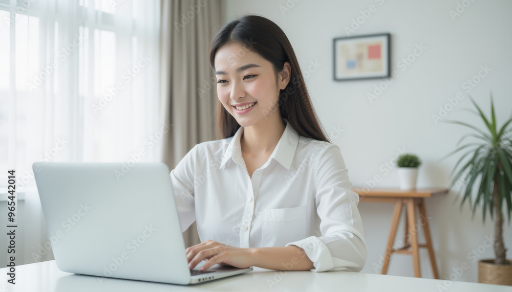 A professional woman smiles while working on a laptop in a bright, modern office space with natural light. A professional woman smiles while working on a laptop in a bright, modern office space with natural light.