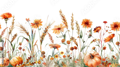 Seamless Watercolor Autumn Border with Pumpkins and Flowers on white backhground photo