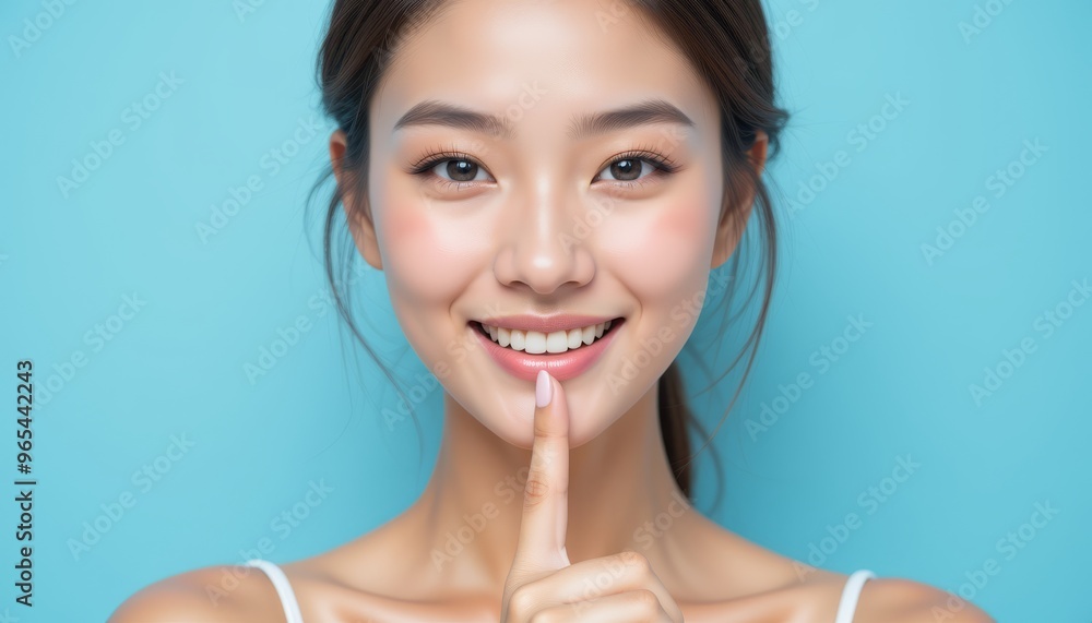 A smiling woman holds a finger to her lips, suggesting a playful secret or quiet moment. Bright blue background enhances her expressions. A smiling woman holds a finger to her lips, suggesting a playful secret or quiet moment. Bright blue background enhances her expressions.
