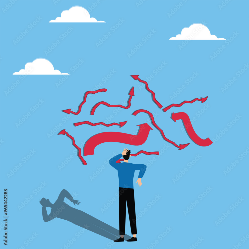 Decision making, Confused Decision Making with Many Arrows and Young Man Decision making, Confused Decision Making with Many Arrows and Young Man