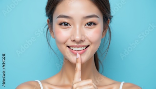 A smiling woman holds a finger to her lips, suggesting a playful secret or quiet moment. Bright blue background enhances her expressions.