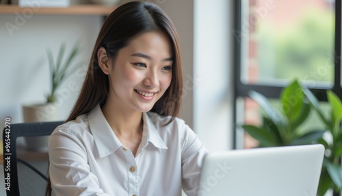 A smiling woman working on a laptop at home, showcasing a modern workspace with greenery and natural light.