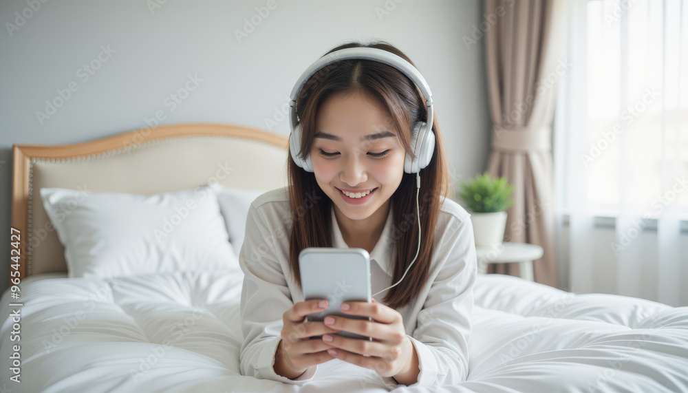A young woman enjoys her music while relaxing on a bed, wearing headphones and using a smartphone in a cozy room. A young woman enjoys her music while relaxing on a bed, wearing headphones and using a smartphone in a cozy room.
