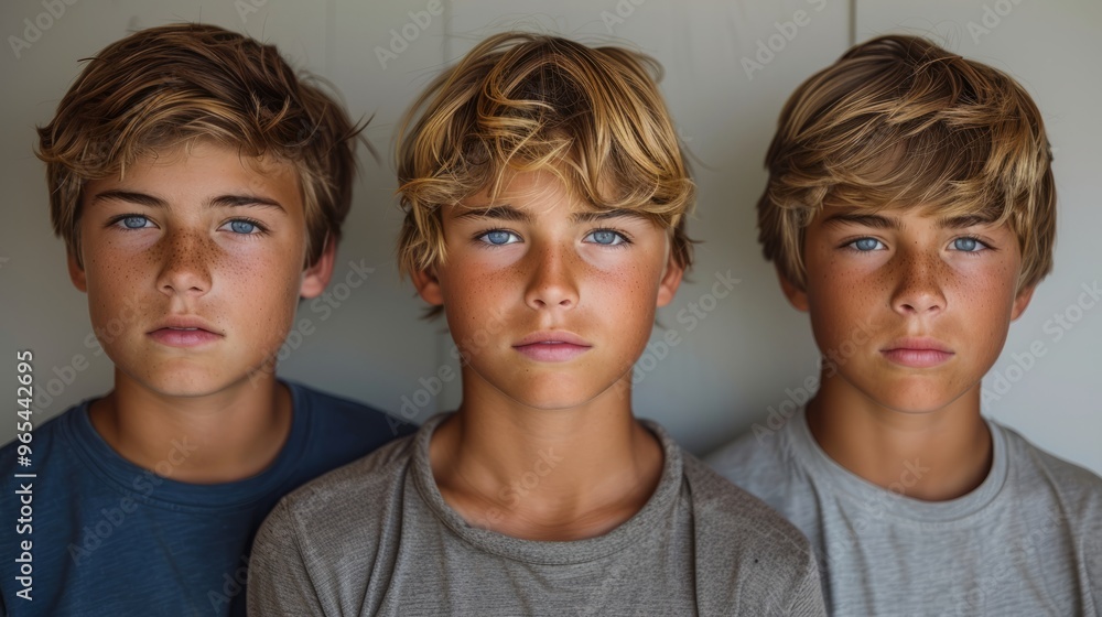 Three young brothers stand closely together, showing off their striking blue eyes and healthy hair, capturing a candid and warm family moment Three young brothers stand closely together, showing off their striking blue eyes and healthy hair, capturing a candid and warm family moment
