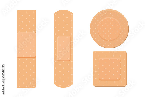 Medical plaster, strip. Breathable patch set. Firs aid tape, Different shapes. Recovery tape isolated on white background