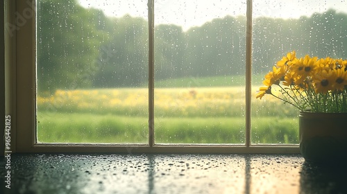 Wallpaper Mural A farmhouse kitchen window with raindrops trickling down, showing an overcast, rain-soaked countryside outside. Soft shadows and reflections play on the window, Torontodigital.ca