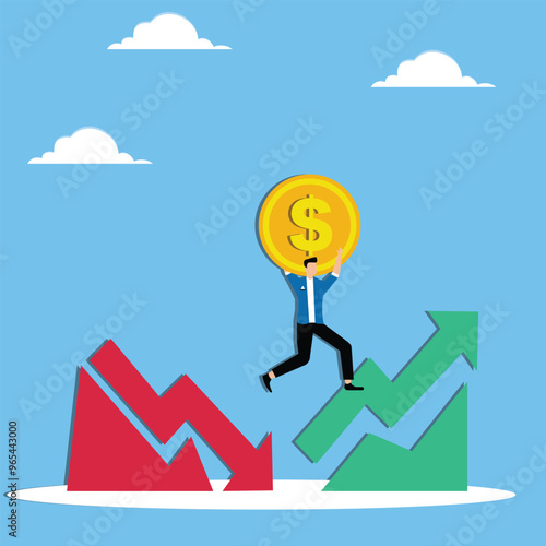 Business Graph Fluctuation. Stock market rebound and economic recover concept. Investor Leap From Red Downward Arrow to Green Upward Arrow