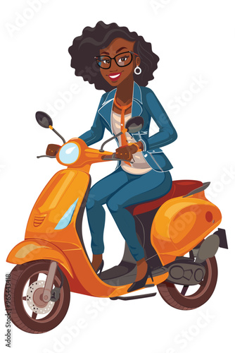 African American Businesswoman Riding Modern Motorbike or Scooter Isolated on White Background