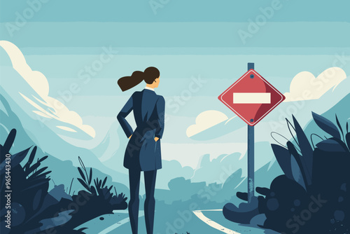 Unhappy Businesswoman Facing Dead End Sign Due to Wrong Management Decisions