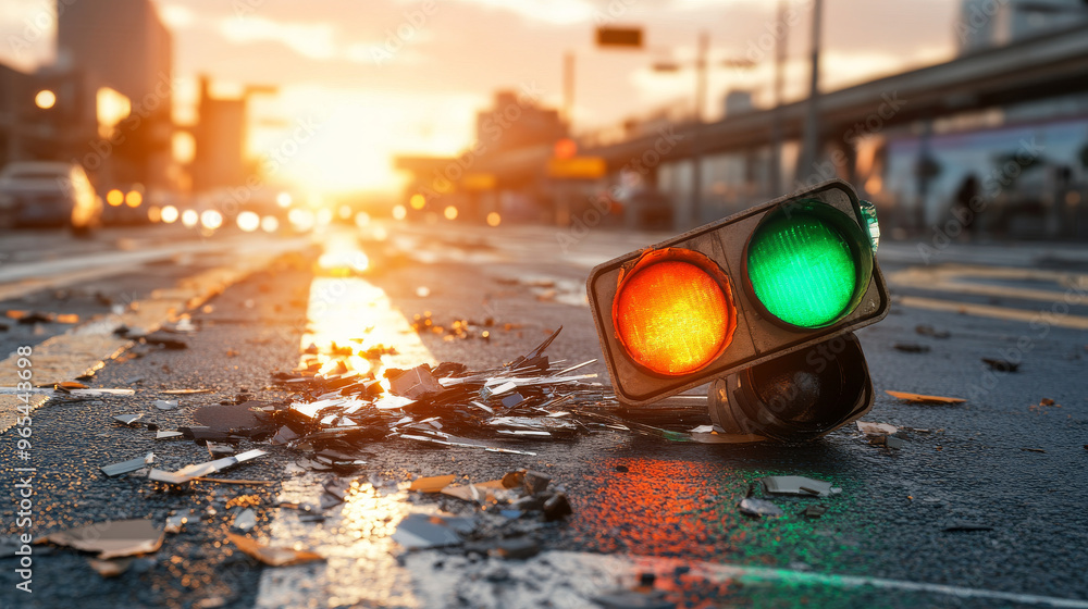 © chatchai - A broken traffic signal lying in road after an accident, surrounded by shattered glass and illuminated by warm glow of sunset. scene evokes sense of chaos and urgency © chatchai - A broken traffic signal lying in road after an accident, surrounded by shattered glass and illuminated by warm glow of sunset. scene evokes sense of chaos and urgency