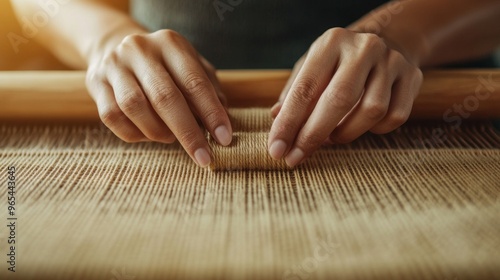 Artisan Weaving Thai Silk: Close-Up of Skilled Hands on Wooden Loom photo