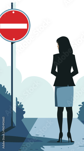 Unhappy Businesswoman Facing Dead End Sign Due to Wrong Management Decisions