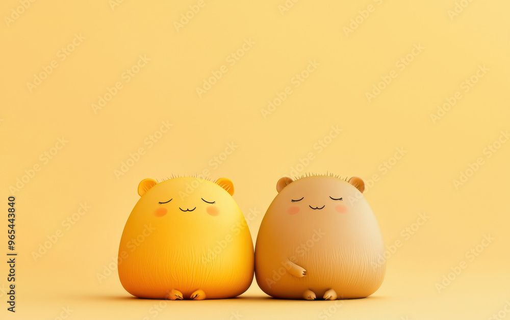 Cute kawaii illustration of two pastel-colored animals with happy faces, perfect for children's designs and decorations. Cute kawaii illustration of two pastel-colored animals with happy faces, perfect for children's designs and decorations.