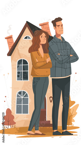 Unhappy divorced couple in dispute over house ownership, holding property and struggling with financial conflict during bankruptcy