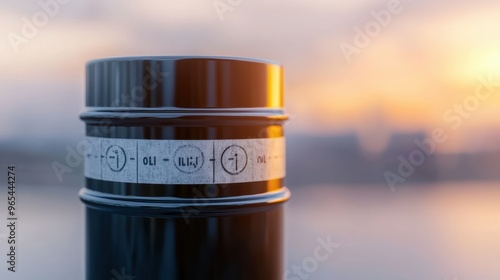 Global Demand Fluctuations Reflected in Oil Barrel - with Copy Space and Selective Focus on Foreground in photo