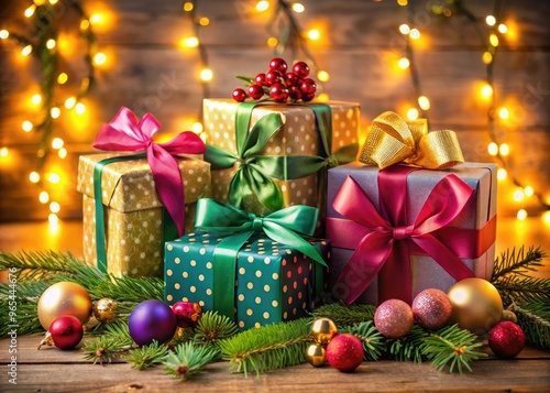 Vibrant, colorfully wrapped gifts of varying sizes stacked high, adorned with elegant bows and ornaments, surrounded by festive greenery and twinkling fairy lights.