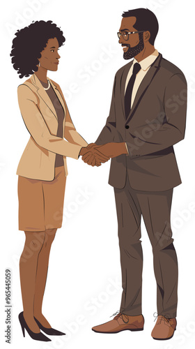 African-American businessman and woman shaking hands, closing deal in office conference room interview, reaching agreement