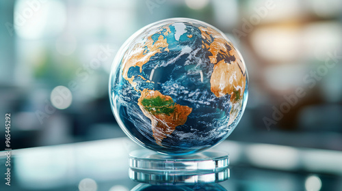 A crystal globe of Earth showcases beautiful swirl of color, highlighting continents and oceans in stunning detail. This captivating piece symbolizes our planets beauty and diversity