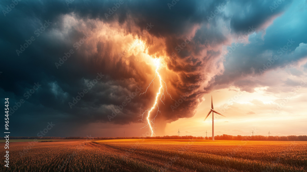 A dramatic scene of cyclone over rural farmland, featuring spinning windmill amidst backdrop of dark, stormy clouds and striking lightning. atmosphere is charged with energy and tension A dramatic scene of cyclone over rural farmland, featuring spinning windmill amidst backdrop of dark, stormy clouds and striking lightning. atmosphere is charged with energy and tension