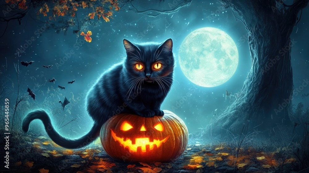 A black cat with glowing eyes sitting on a pumpkin under a spooky tree, with a full moon in the background A black cat with glowing eyes sitting on a pumpkin under a spooky tree, with a full moon in the background