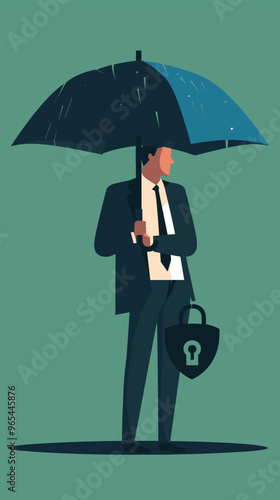 Antivirus Security Concept: Handsome Businessman Holding Safety Umbrella and Shield with Lock, Protecting Sensitive Data