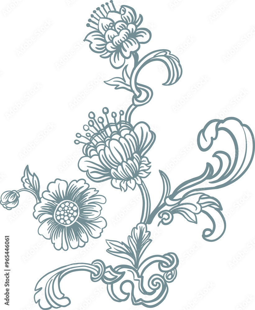 Asian style bouquet. Fantasy linear plants on white background, stylization of Chinese, Japanese, Korean ornament. Vintage theme digital illustration for branding, posters, invitations Asian style bouquet. Fantasy linear plants on white background, stylization of Chinese, Japanese, Korean ornament. Vintage theme digital illustration for branding, posters, invitations
