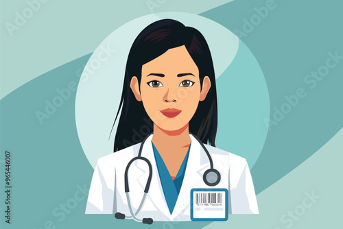 Asian Female Doctor ID Card Template with Barcode, Medical Professional Identity Badge Design for Healthcare Workers