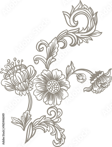 Asian style bouquet. Fantasy linear plants on white background, stylization of Chinese, Japanese, Korean ornament. Vintage theme digital illustration for branding, posters, invitations