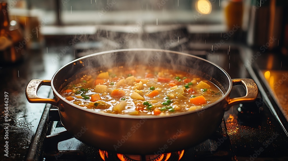 A pot of soup simmering on the stove in a farmhouse kitchen, with rain softly falling outside. The golden light from the stove and warm interior create a cozy scene, A pot of soup simmering on the stove in a farmhouse kitchen, with rain softly falling outside. The golden light from the stove and warm interior create a cozy scene,