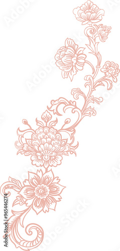 Asian style bouquet. Fantasy linear plants on white background, stylization of Chinese, Japanese, Korean ornament. Vintage theme digital illustration for branding, posters, invitations