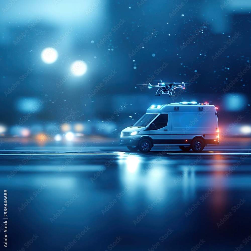 An emergency ambulance with a drone flying above, illuminated by city lights during a rainy night, showcasing advanced technology. An emergency ambulance with a drone flying above, illuminated by city lights during a rainy night, showcasing advanced technology.
