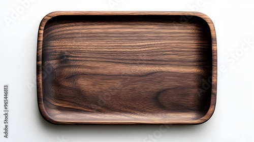 Top view of a blank wooden food tray, dark walnut wood with a smooth surface, bright, diffused lighting, minimalistic and modern design, crisp shadows, sophisticated and warm mood, highly realistic photo