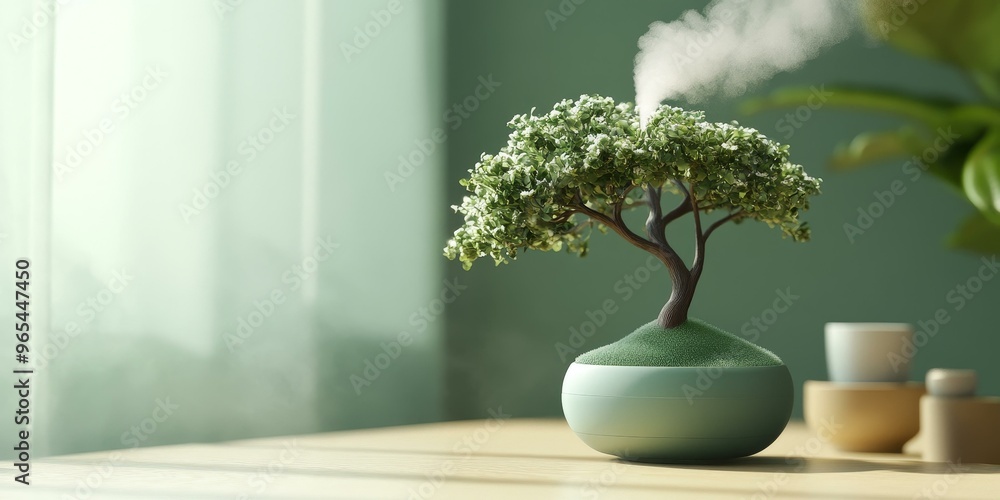 A bonsai tree emits mist in a modern home. A bonsai tree emits mist in a modern home.