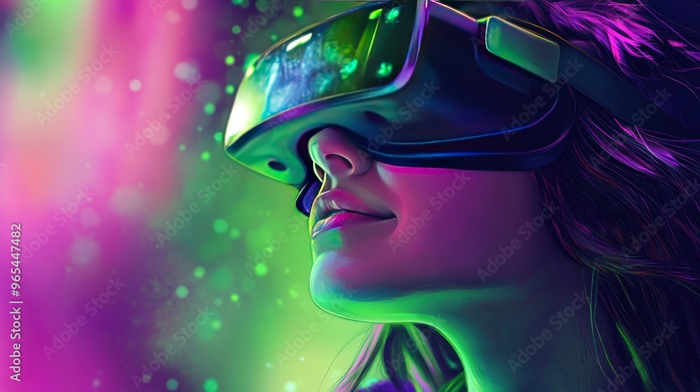 A woman wearing VR headset experiencing immersive virtual reality with a colorful digital background. A woman wearing VR headset experiencing immersive virtual reality with a colorful digital background.