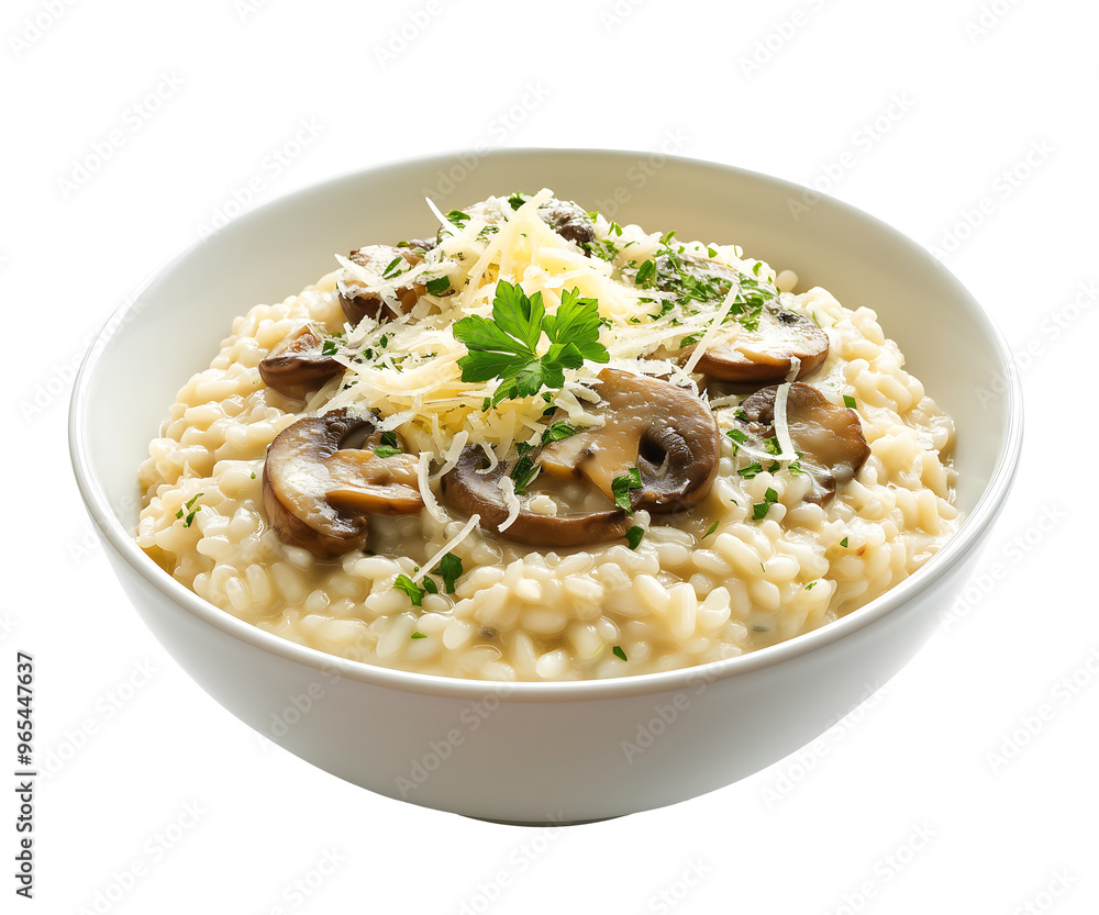 Creamy Mushroom Risotto with Parmesan and Parsley in a White Bowl Creamy Mushroom Risotto with Parmesan and Parsley in a White Bowl