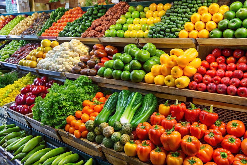 Fresh produce aisle with neatly arranged fruits and vegetables, each item labeled with a color-coded tag showing its price range from $0.50 to $3.99. Fresh produce aisle with neatly arranged fruits and vegetables, each item labeled with a color-coded tag showing its price range from $0.50 to $3.99.