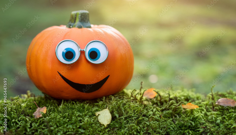 A Happy Pumpkin With Googly Eyes Rests on Moss in Autumn and Copy Space A Happy Pumpkin With Googly Eyes Rests on Moss in Autumn and Copy Space