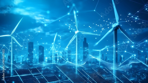 Wallpaper Mural Illustration of economic policy driving renewable energy growth, represented by digital wind turbines and solar panels Torontodigital.ca