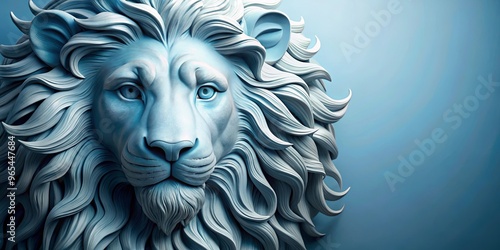 Detailed sculpture of lion head with flowing mane in soft blue color