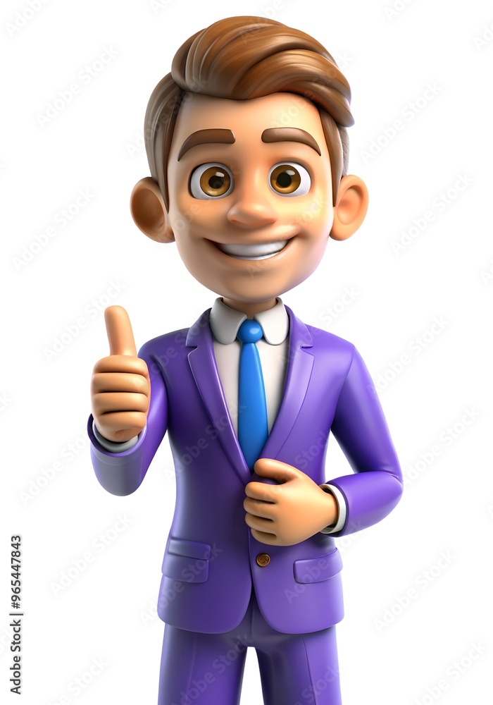 Cheerful 3d cartoon character in purple suit showing thumbs up on white background Cheerful 3d cartoon character in purple suit showing thumbs up on white background